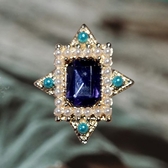 Jewelry - Gold-Tone Blue & Pearl Starburst Brooch - Unbranded